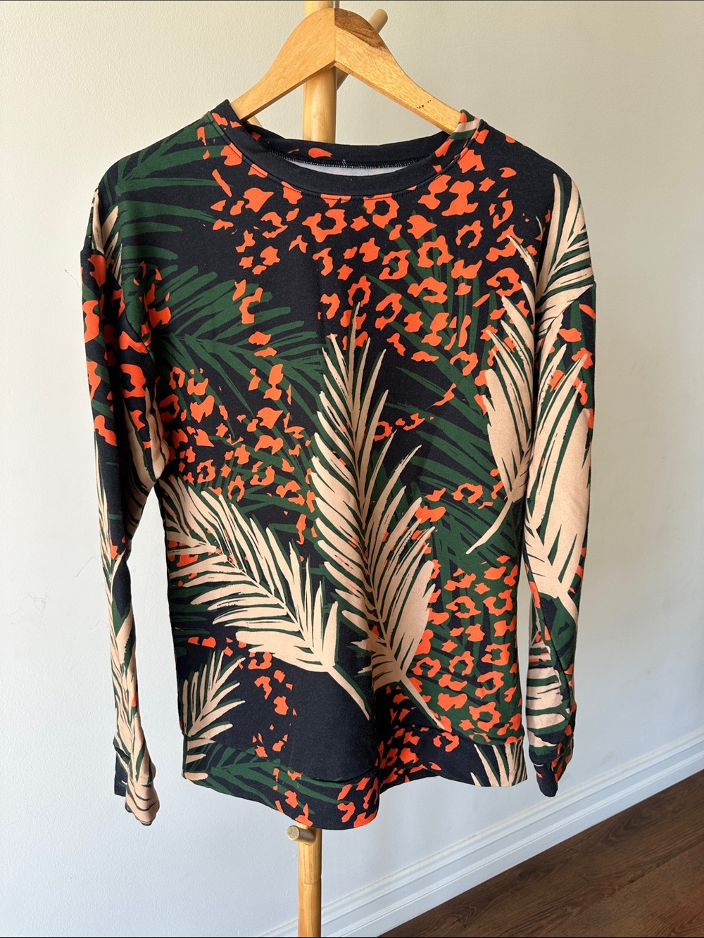 Tropical Leaf & Leopard Print Long Sleeve Top - Black, Green, Orange,Cream (Set)